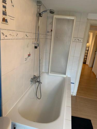 a bath tub with a shower in a bathroom at Cat'saisons in Wellin