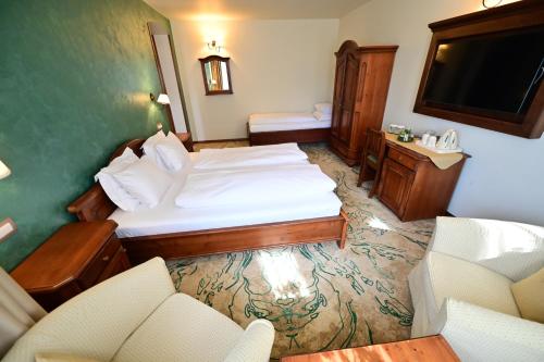 a hotel room with a bed and two chairs at Natura Family Resort in Avrig