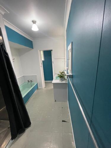 a bathroom with a blue wall and a tub at River Farm Retreat in Mangaweka