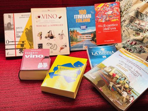 a group of books sitting on a table at La casa dell’artista di Vittorio Vertone in Pietragalla