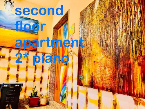 a wall with paintings on it with the words second floor apartment plan at La casa dell’artista di Vittorio Vertone in Pietragalla