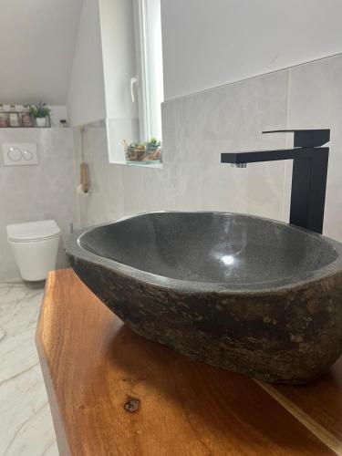 a bathroom with a large stone sink and a toilet at Vöslau Panorama near Vienna in Bad Vöslau