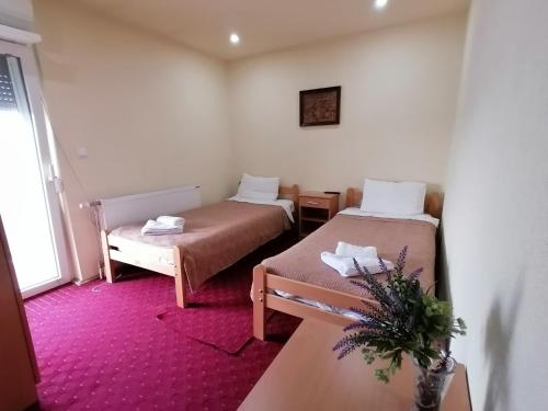 a small room with two beds and a window at Hotel Talija in Svilajnac