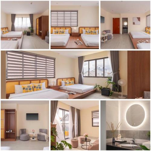 a collage of four pictures of a bedroom at Thé Villa in Da Lat