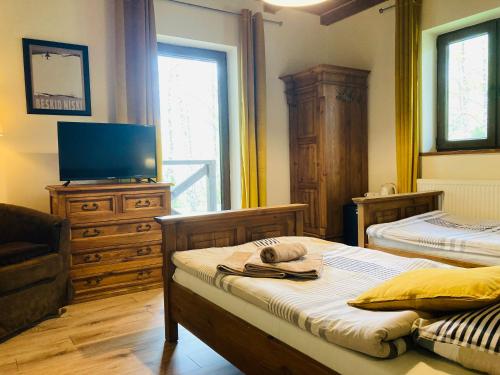 a bedroom with two beds and a flat screen tv at Modryna - Modrzewiowy Dom in Cisna