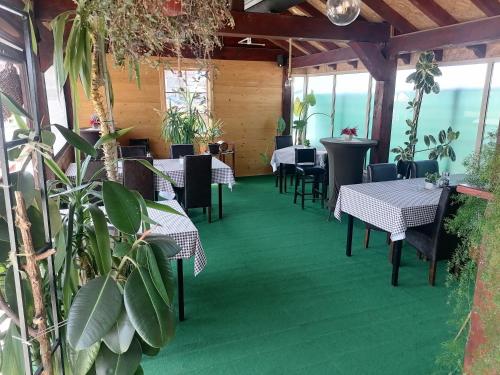 a restaurant with tables and chairs on a green floor at Hotel Talija in Svilajnac