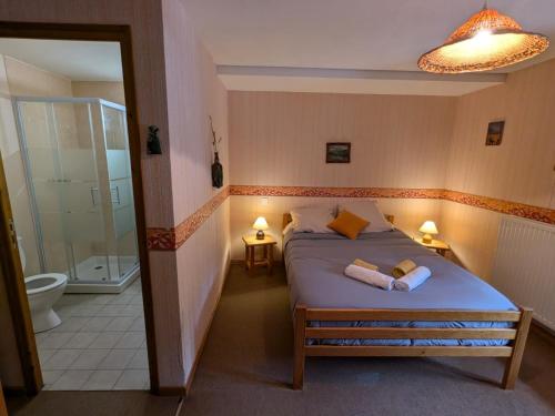 une chambre avec un lit et une salle de bain avec douche dans l'établissement La Posada, à Saint-Paul