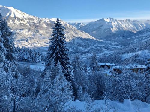 une chaîne de montagnes enneigée avec un pin dans l'établissement chalet Marigo, Pra-loup 1500, à Uvernet