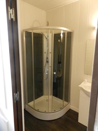 une douche avec une cabine en verre dans une salle de bain dans l'établissement les chambres du parc, à Dammarie-sur-Saulx