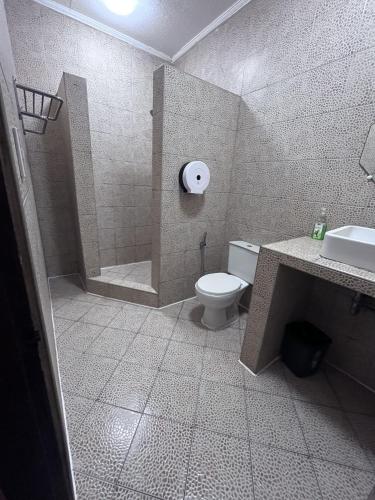 a bathroom with a toilet and a shower and a sink at Big Apple Dive Resort in Puerto Galera