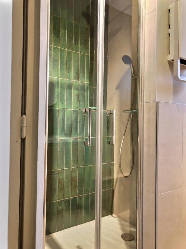 une douche avec une porte vitrée dans une salle de bain dans l'établissement Chez Louise, à Ambérieu-en-Bugey