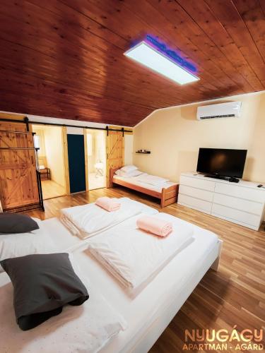 加尔多尼Nyugágy Apartman的大房间设有两张床和一台平面电视