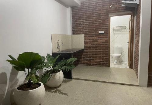 a bathroom with a sink and two potted plants at Homestay Omah Embun in Godean