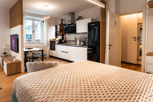 a kitchen and a living room with a bed in a room at La Chicca in pieno centro storico con SAUNA e Parcheggio gratuito in Udine