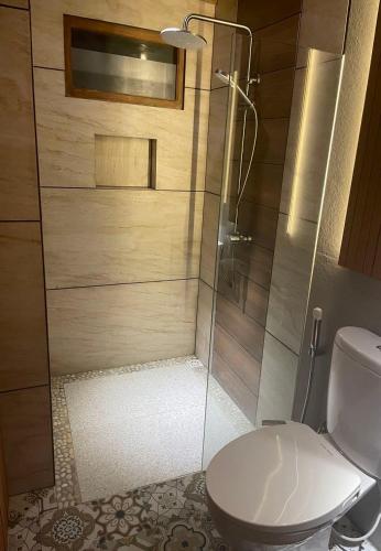 a bathroom with a shower with a toilet and a glass door at Homestay Omah Embun in Godean