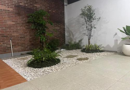 a courtyard with three plants and a brick wall at Homestay Omah Embun in Godean