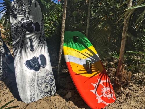 two surfboards are leaned up against a wall at Karana Studio 2 - K2 in Long Bay Hills