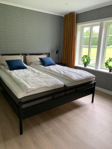 a large bed in a bedroom with two windows at Nice Home In Ljung With 1 Bedrooms, Sauna And Wifi in Ljung