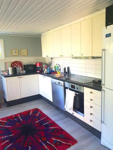 a kitchen with white cabinets and a red rug at Amazing Home In Jonstorp With 1 Bedrooms in Jonstorp