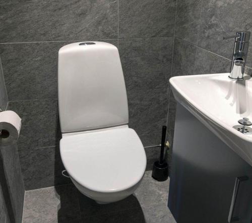 Un baño con un inodoro blanco y un lavabo. en Beautiful Home In Karlshamn With 3 Bedrooms And Wifi, en Karlshamn