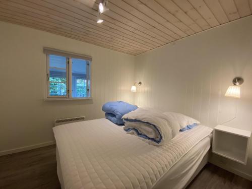 Un dormitorio blanco con una cama con almohadas azules. en Stunning Home In Haderslev With 3 Bedrooms, Internet And Sauna, en Haderslev
