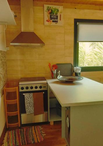 a kitchen with a stove and a counter top at Alojamento 444 in Monção