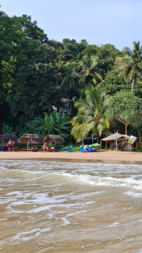 a beach with palm trees and the water at Talalla Wonder View in Talalla South
