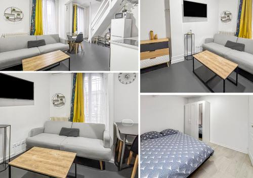 une pièce avec un canapé, un lit et une table dans l'établissement Espace familial proche de Paris, à La Courneuve