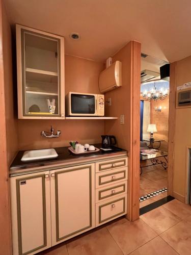 a kitchen with a sink and a microwave at Hotel Karakonosato 唐比の里 in Isahaya