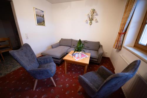 a living room with a couch and chairs and a table at Dandler - Zimmer und Ferienwohnungen in Fieberbrunn