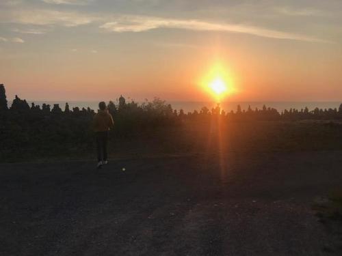 a person standing on a road watching the sunset at Beautiful Home In Borgholm With 3 Bedrooms, Sauna And Wifi in Borgholm