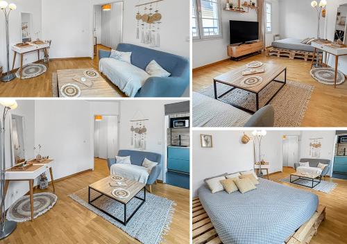 a collage of four pictures of a living room at Studio cosy avec Smart TV & Wi-Fi in Le Plessis-Robinson
