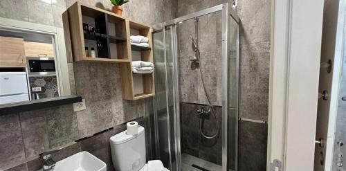 a bathroom with a shower and a toilet and a sink at ZİN D Home Dudullu Suit Otel in Istanbul