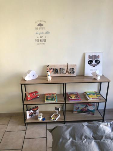 a shelf with toys and books on it at L appart in Joue-les-Tours