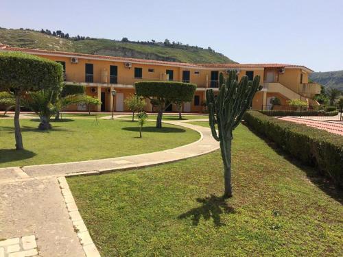 a palm tree in the grass in front of a building at Marasusa Apartments Maestrale 216C in Parghelia