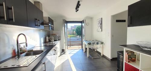 une cuisine avec un évier et un plan de travail dans l'établissement Appartement 3 pièces Strasbourg - Mundolsheim, à Mundolsheim