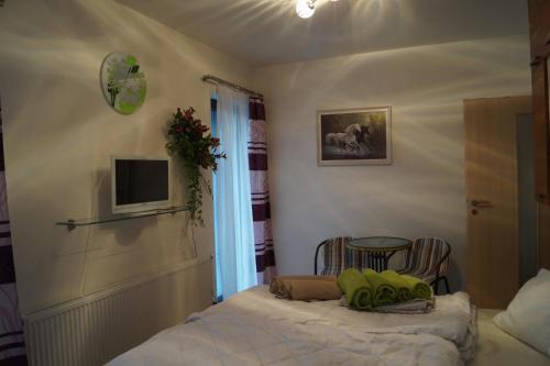 a bedroom with a bed and a tv on the wall at Apartments Klinovec in Loučná pod Klínovcem