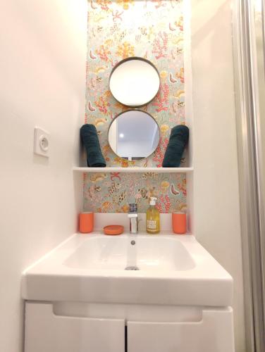 une salle de bain avec un lavabo blanc et un miroir dans l'établissement Proche Saint Sernin Magnifique T3 Wifi Clim Métro, à Toulouse