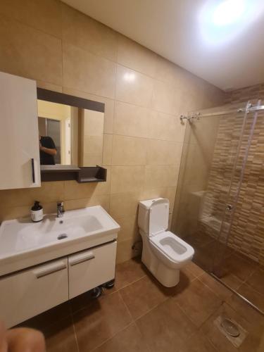 a bathroom with a toilet and a sink and a shower at Tabarja hills in ‘Ayn aş Şughayrah