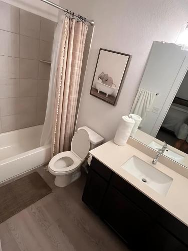 a bathroom with a toilet and a sink and a mirror at Stylish Home Perfect for Your Stay in Leander