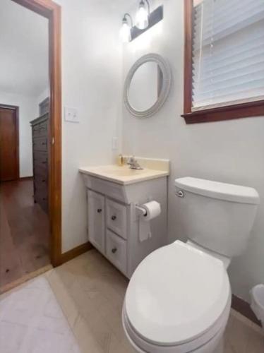 a bathroom with a toilet and a sink and a mirror at Cozy and Comfy with Lake Access in Mineral