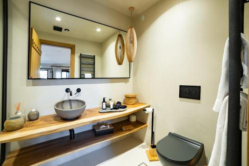 a bathroom with a sink and a mirror at Maison Michelangelo in Arachova