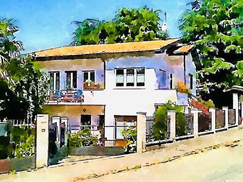 a painting of a white house with a fence at Gemütliche Ferienwohnung in Agra in Agra