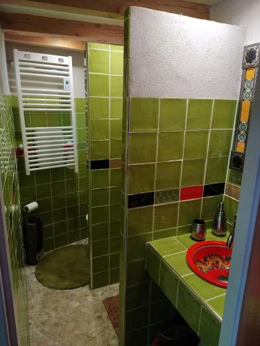 La salle de bains est pourvue de carrelage vert, d'un lavabo et d'une douche. dans l'établissement Les MIMOSAS Gîte du Mas Haut, à Saint-Jean-du-Gard