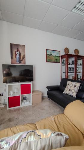 a living room with a couch and a flat screen tv at Il Ritrovo degli Artisti in Castrovillari