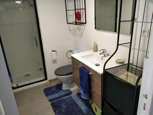 une salle de bain avec toilettes, lavabo et douche dans l'établissement Logement entière F3, à Tremblay-en-France
