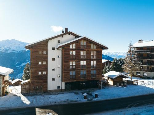 a large building in the mountains with snow on the ground at Chandolin Boutique Hotel in Chandolin