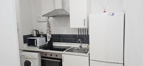 Una pequeña cocina con fregadero y refrigerador. en Habitaciones Chueca, en Madrid