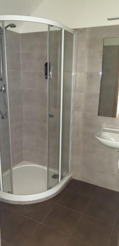 a shower stall in a bathroom with a sink at Penzion a Restaurace u Sousedů in Strážný