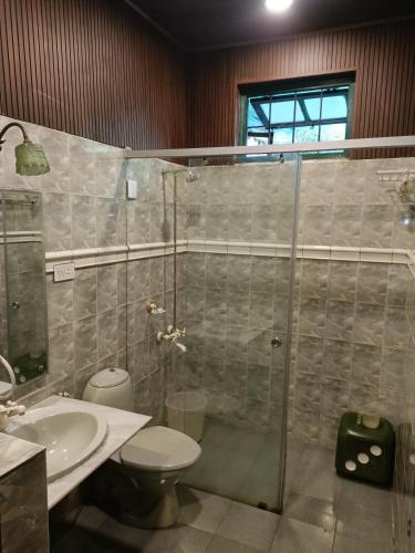 a bathroom with a shower and a toilet and a sink at The Red House in Ooty